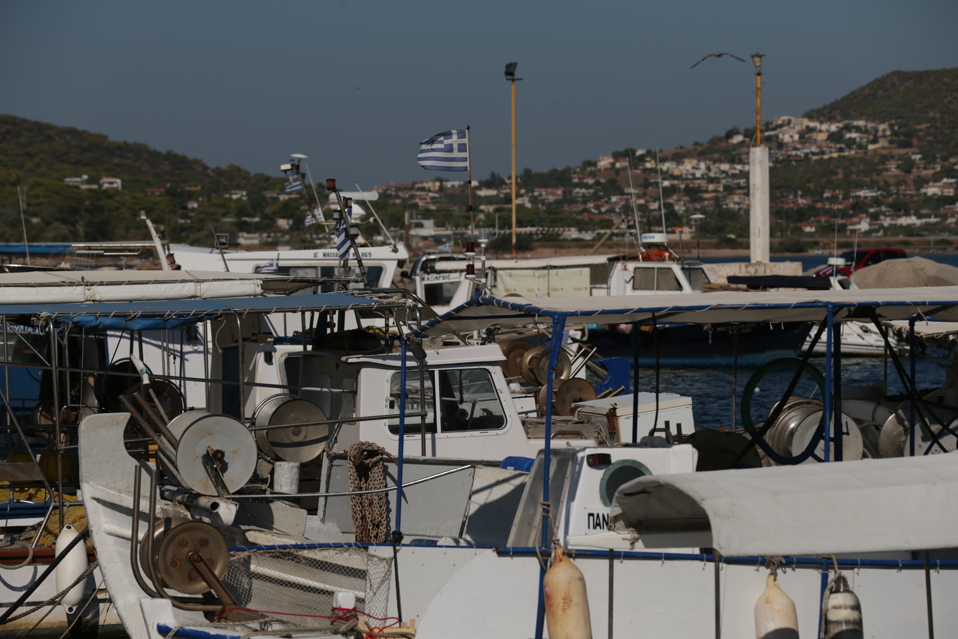 Fishing boats and Greek flags at the production location harbour