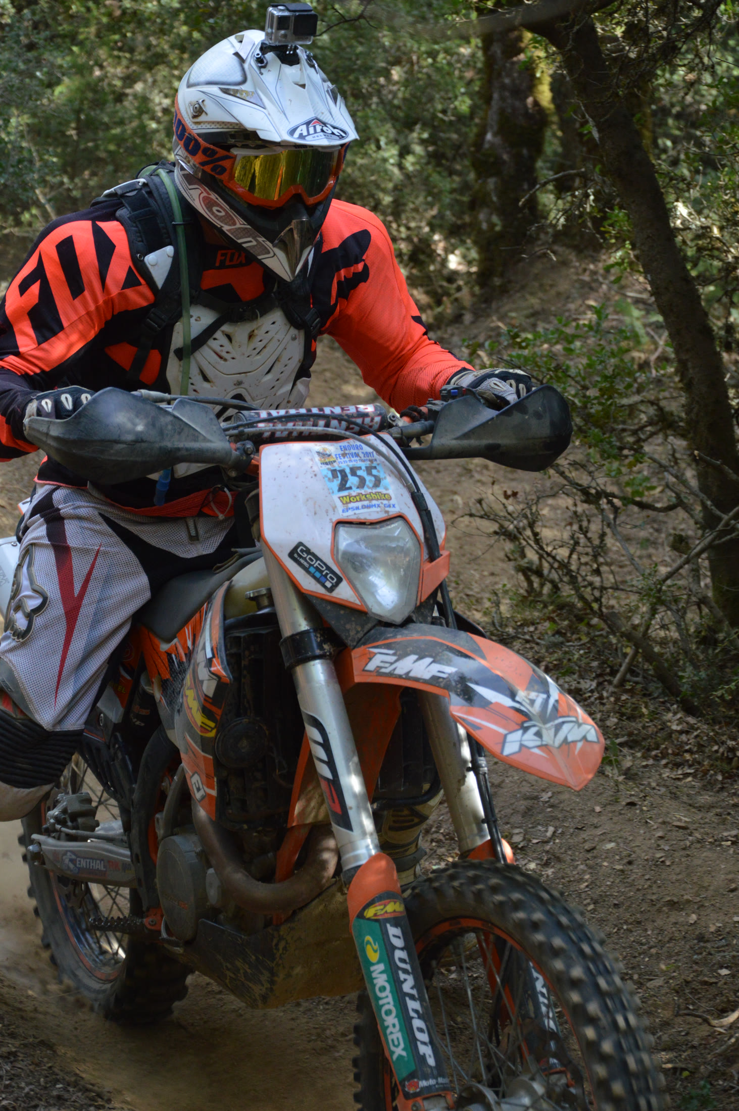 Enduro rider captured at speed on a forest course